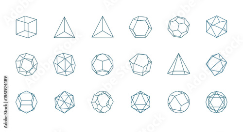 Geometric solids and platonic shapes arranged in a grid pattern