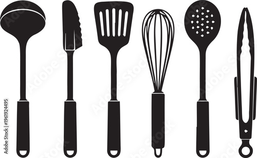 Set of black silhouette kitchen utensils including ladle, spatula, whisk, skimmer and tongs, isolated on transparent grid.