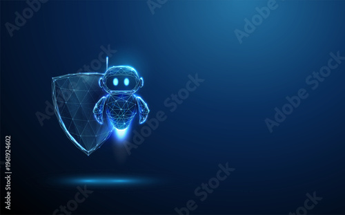 3d shield with cute blue robot. AI security, intelligent protection system, automated defense, cybersecurity assistant, smart monitoring, digital safety concept.