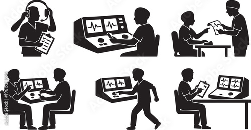 Vector Silhouette Set Audiologist Performing Hearing Test with Headset and Console