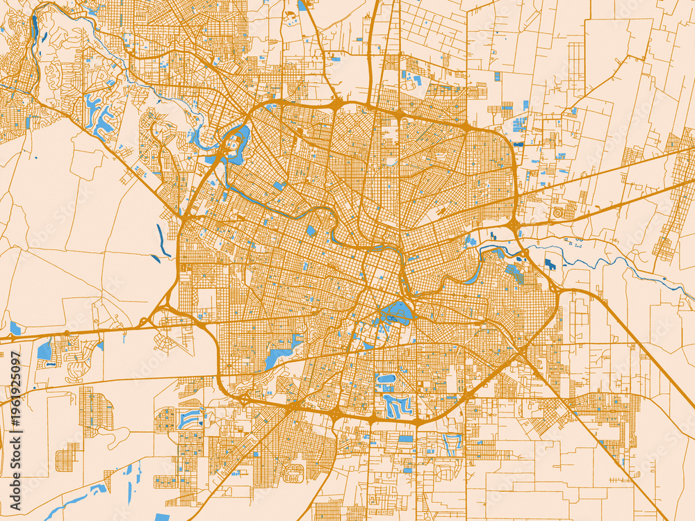 Fototapeta premium City map poster of Cordoba, Argentina – golden linework with blue water