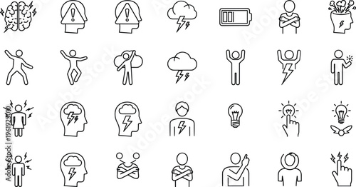 Mental stress and energy impact outline icon set featuring lightning emotion warning fatigue psychology editable minimal vector collection