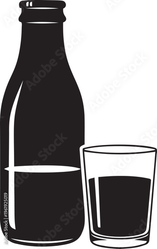 Milk bottle and glass silhouette isolated on transparent checkered background, simple clean vector illustration for dairy product.