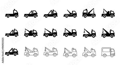 Collection of Tow Truck Icons: Flat and Outline Styles for Transport and Service