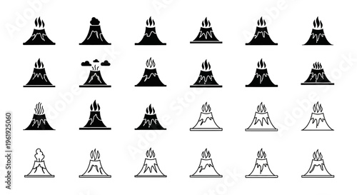 Volcano Icon Set: Erupting Mountains, Lava Flow, Smoke, and Ash - Vector Graphics