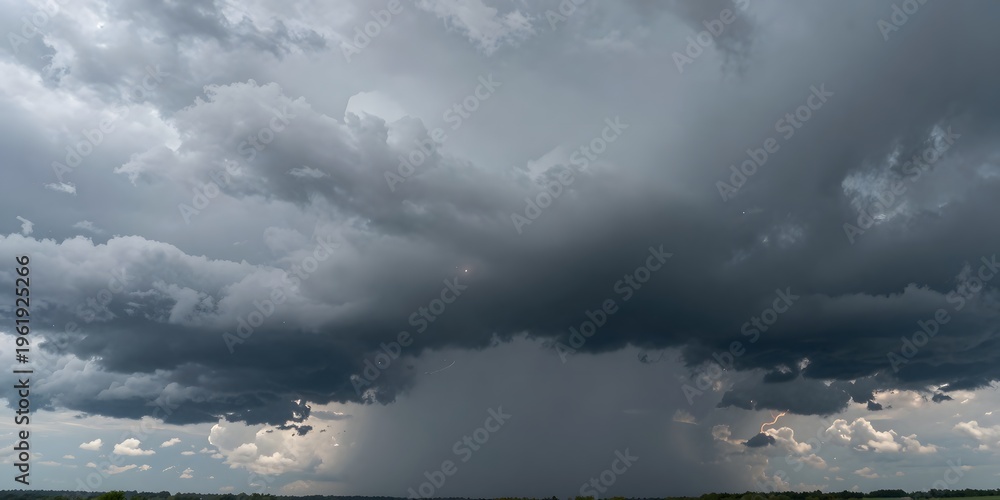 Obraz premium Dramatic storm cloud formation with lightning strikes over a rural landscape