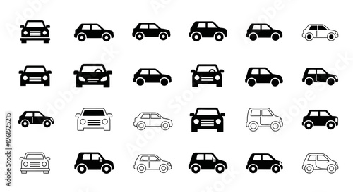 Diverse Car Icons Collection: Modern Vehicles Silhouettes for Transportation and Technology Concepts