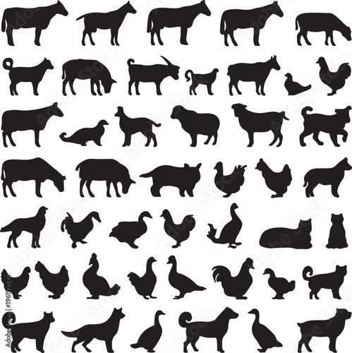 Collection of black silhouettes of various farm and domestic animals
