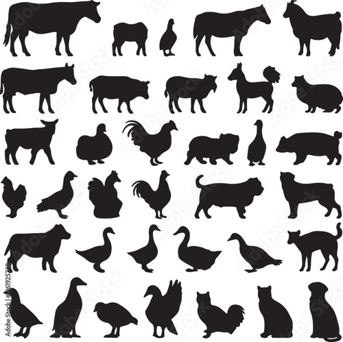 Collection of black silhouettes of various farm and domestic animals