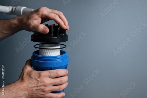 Installing water filter cartridge inside housing with threaded cap showing maintenance of clean filtration system
