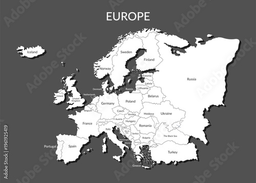 Political white map of Europe. European countries borders in a flat style isolated on black background. Vector template.	