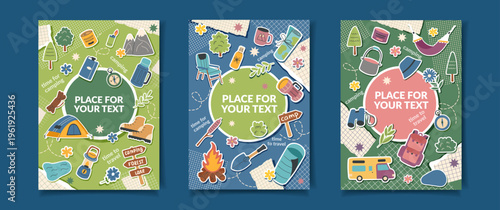 Set of camping posters with travel objects7. Vector flat collection of cards. The concept of travel, camping, hiking, weekend, vacation and outdoor recreation.