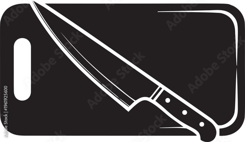 Large chef knife on cutting board vector illustration, kitchen tool for food preparation and culinary arts.