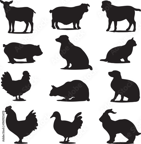 Collection of black silhouettes of farm animals including goats dogs and chickens