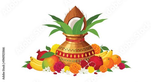 Illustration of a traditional Indian pot surrounded by fruits and flowers on a white background, symbolizing the Tamil New Year celebration.