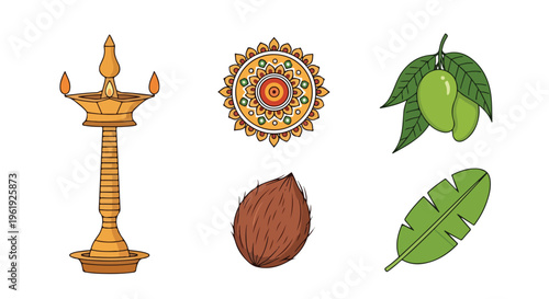 Flat lay of traditional Tamil New Year items including a diya lamp, mango leaves, coconut, and kolam design on a white background.