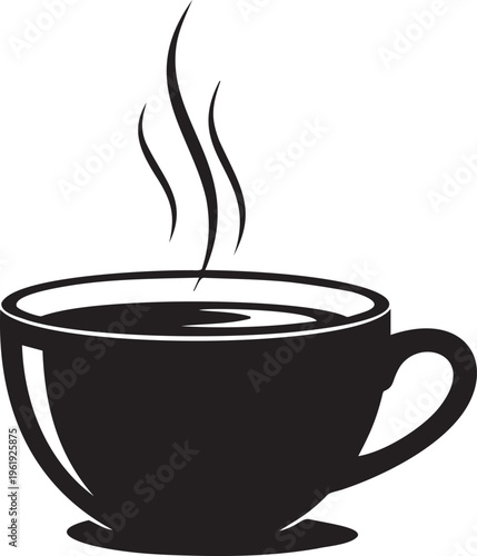 Coffee cup silhouette with rising steam swirls and saucer base for cafe branding and morning hot beverage refreshment symbols.