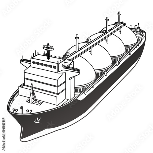 A large black and white illustration of a tanker ship with a dark hull and white superstructure