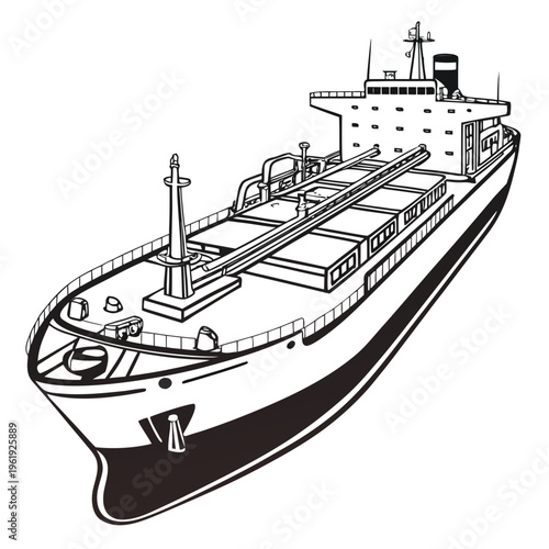 Black and white illustration of a large cargo ship or tanker with a