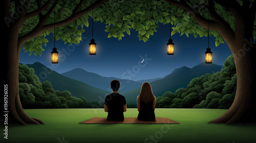 Couple sitting under tree with lanterns looking at moon over mountains peaceful romantic night landscape concept
