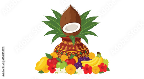 Vibrant still life of a traditional Tamil New Year celebration setup with colorful fruits and decorative coconut on a white background.