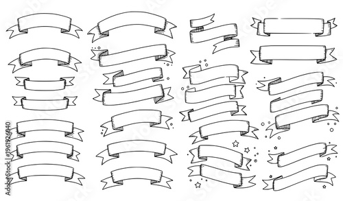 Collection of hand drawn ribbon banners for decoration and design