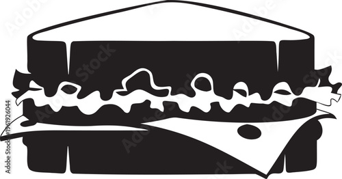 Graphic black silhouette of a generously filled sandwich, cut in half and wrapped in paper, showcasing layered ingredients.