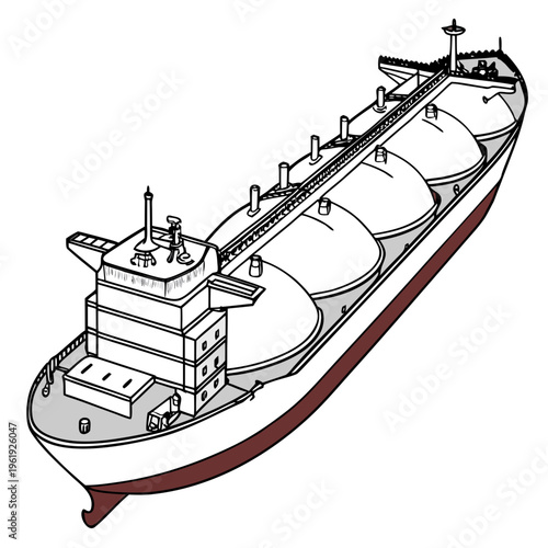 A large cargo ship with a red hull and white superstructure and cargo holds