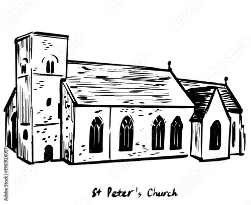 St Peters Church Sunderland ink illustration, hand drawn historic church landmark in Sunderland UK, line art architecture for travel design, print, map, guide, and postcard projects
