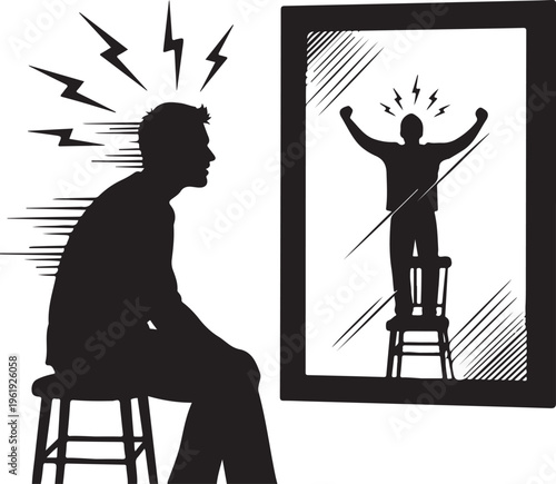 A man sits in despair while his reflection in the mirror stands triumphantly on a chair with arms raised in victory and lightning bolts surrounding both