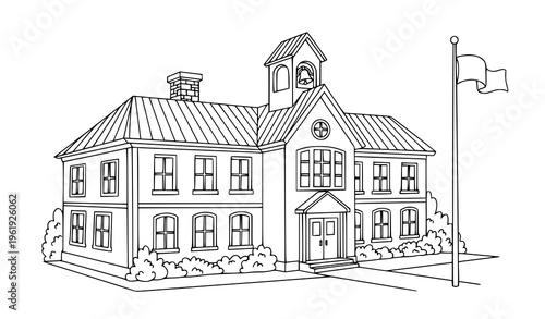 A black and white illustration of a school building with a flagpole and clock tower