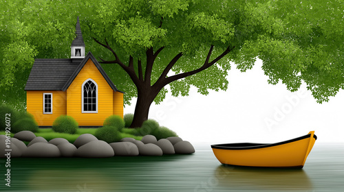 Small yellow house with boat on peaceful island lake landscape calm countryside living concept