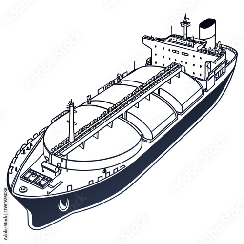 A large cargo ship with a dark blue hull and white superstructure featuring multiple storage tanks on deck