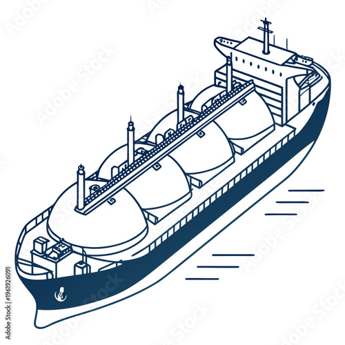 Vector illustration of a large cargo ship with three spherical tanks on deck, used for transporting liquids or gases
