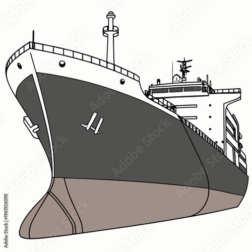 Illustration of a large cargo ship or tanker with a dark grey hull and white superstructure