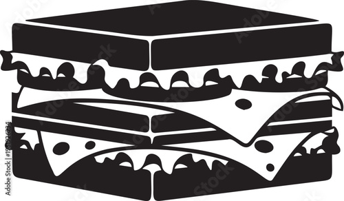 Double decker sandwich silhouette with cheese lettuce and multiple layers for deli menu design isolated on transparent background.