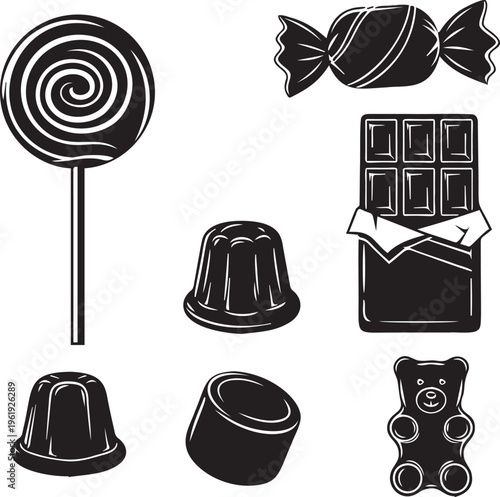 Candy and chocolate silhouettes set. sweet food, lollipop, chocolate bar, jelly, gummy bear dessert vector illustration.