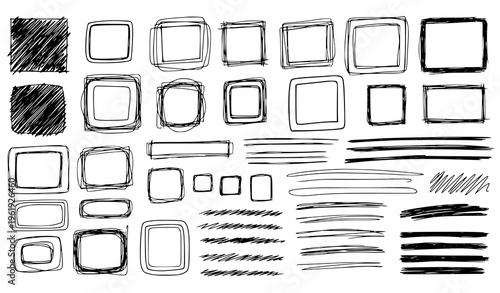 A collection of hand drawn rectangular frames and lines on a white background for graphic design