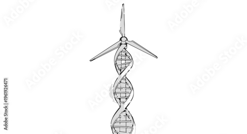 Abstract illustration of a sparkling DNA helix with subtle windmill blades suggesting renewable energy and life sciences.