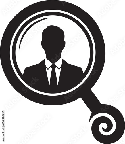 A silhouette of a man in a suit and tie within a magnifying glass