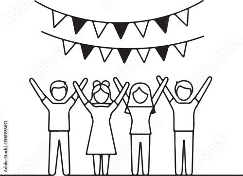 A group of people celebrating with raised arms under festive bunting