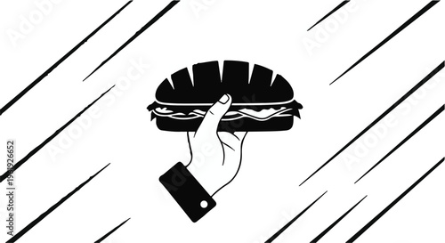 Hand holding a delicious sandwich, presented with dynamic lines suggesting motion and flavor.