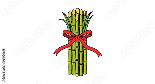 Illustration of a bundle of sugarcane tied with a red ribbon on a white background, symbolizing the Tamil New Year celebration.