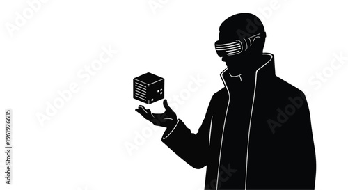 Person wearing VR headset holds a glowing cube in their hand, exploring digital reality