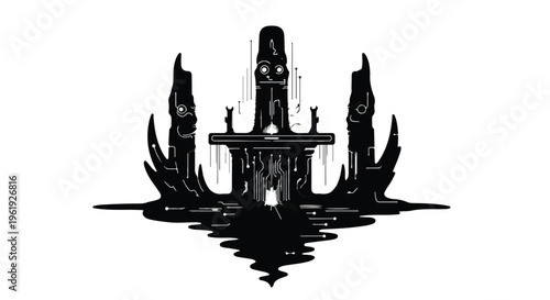 Dark, abstract digital art depicting a surreal, gothic structure with glowing accents.