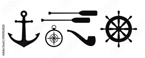 Set of black nautical icons with anchor, oars, compass, ship wheel and smoking pipe