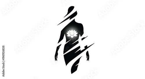 Silhouette of a person with a glowing lotus flower at the heart, symbolizing inner peace and spiritual awakening.