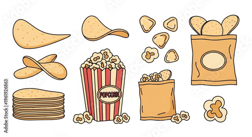Assortment of Cartoon Snacks - Chips and Popcorn Illustration.