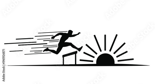 Athlete jumping over hurdle towards a rising sun, symbolizing achievement and a new beginning.