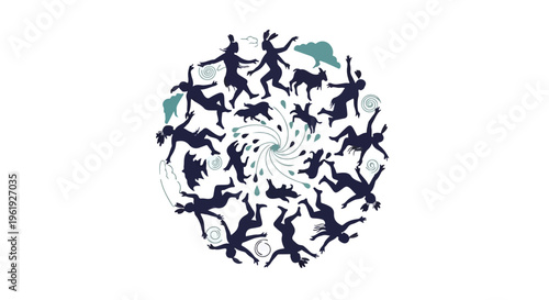 Energetic group of diverse people dancing in a vibrant circular pattern